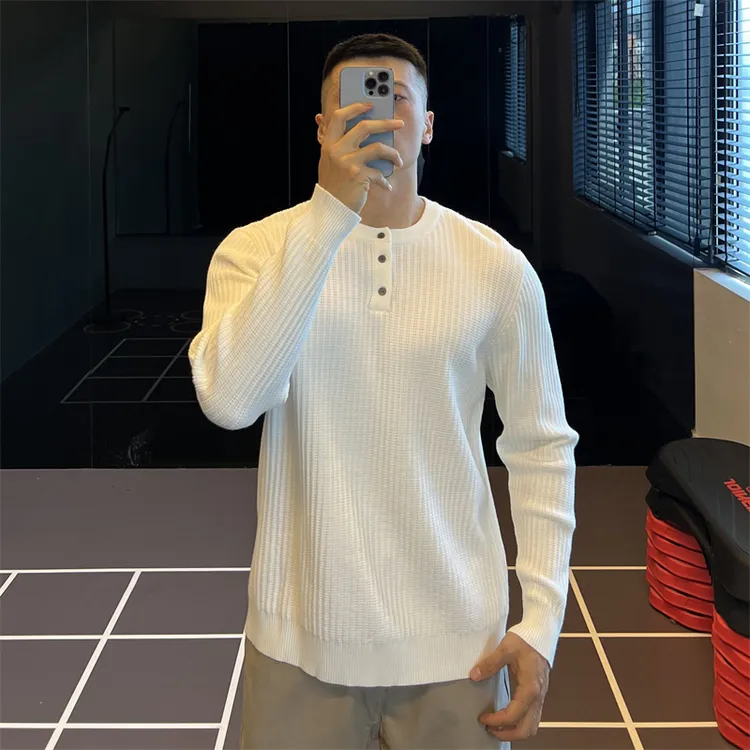 胖子大码秋冬季亨利领麻花纹针织长袖T恤男士男男士白色针织T恤