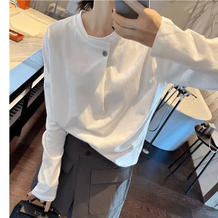 梦优莱欧货设计感白色长袖上衣女春秋气质显瘦T恤内搭纽扣打底衫