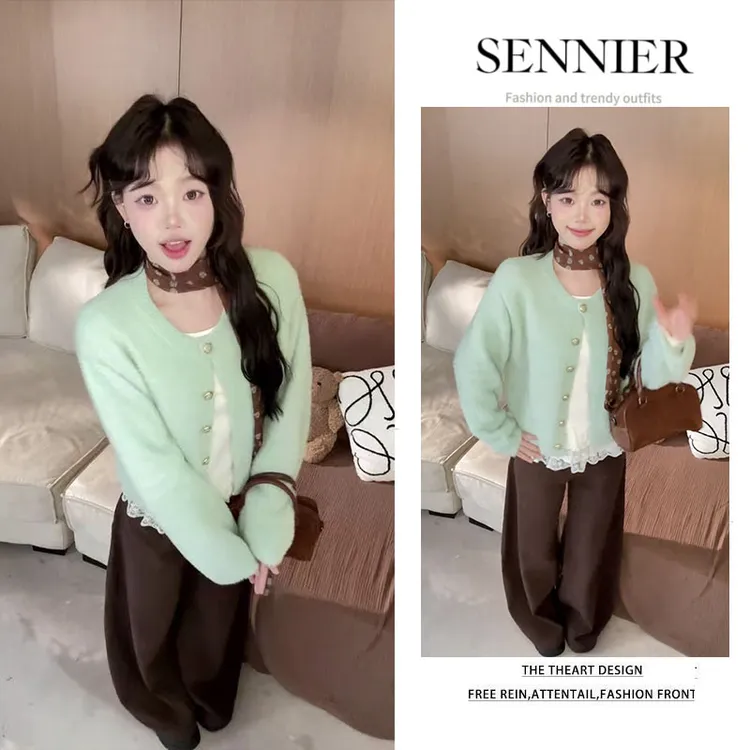 秋季穿搭女2025新款韩系减龄针织开衫花边内搭长袖休闲裤三件套装