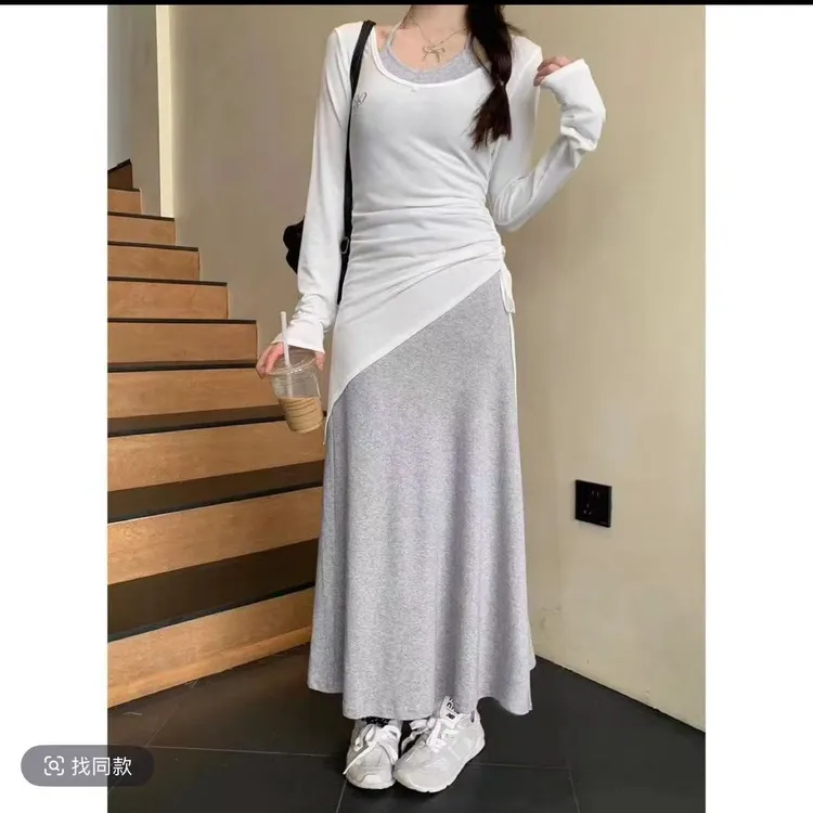 气质套装裙女2025春季新款纯欲抽褶罩衫收腰显瘦挂脖连衣裙两件套