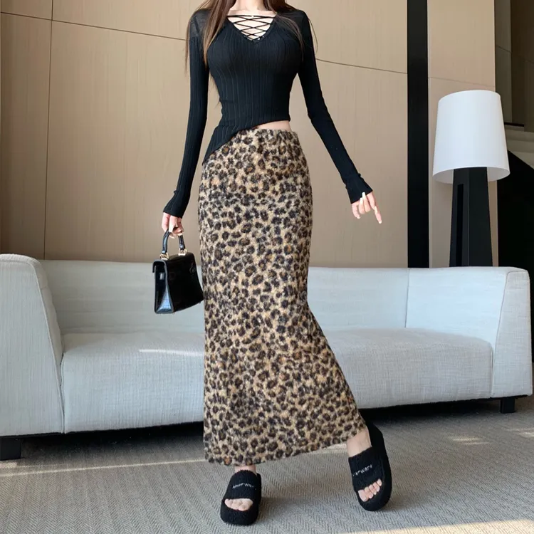 美式豹纹圈圈加厚毛呢半身裙女2025秋冬新品百搭小众设计感长款裙