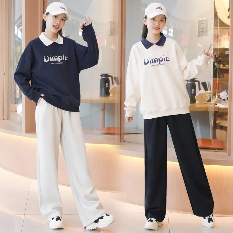 女童春秋装2025新款中大童初高中生女孩宽松翻领卫衣休闲运动裤