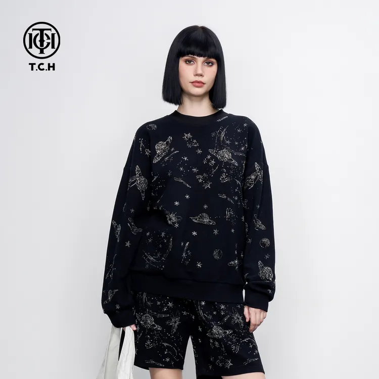 TCH轻奢早秋烫钻时尚慵懒风圆领套头卫衣男女同款T75A116051私服