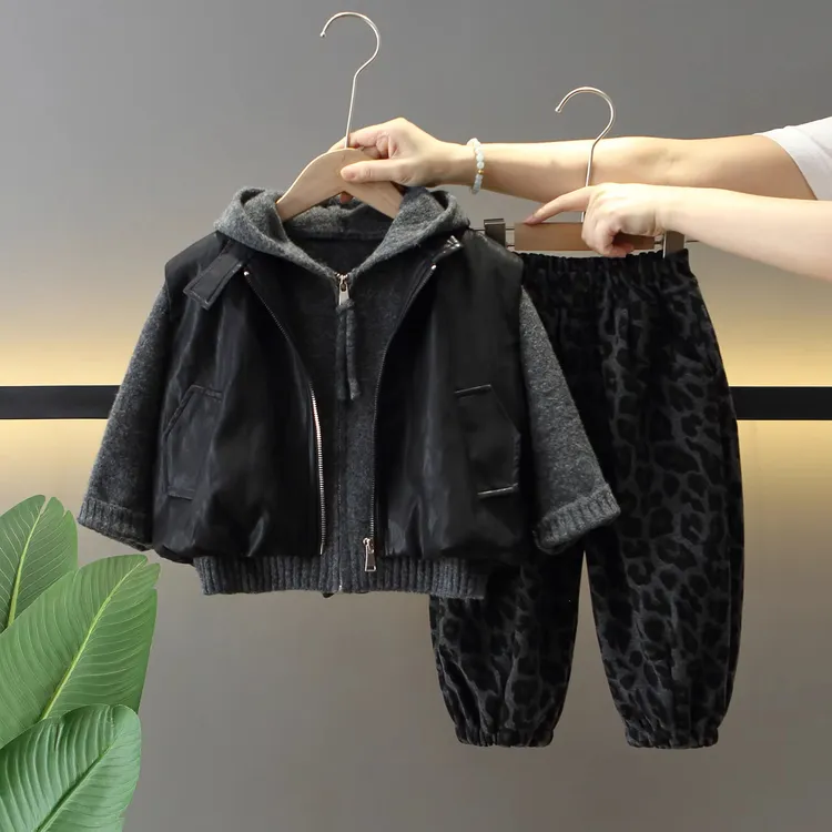 男童秋冬季套装儿童衣服潮酷痞帅童装宝宝皮衣马甲三件套毛衣豹纹