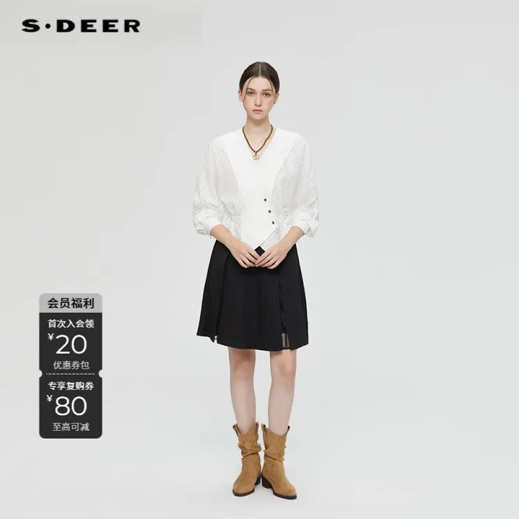 S·DEER圣迪奥百搭白色镂空爱心开衫开衫秋季时尚衬衫S253Z0551