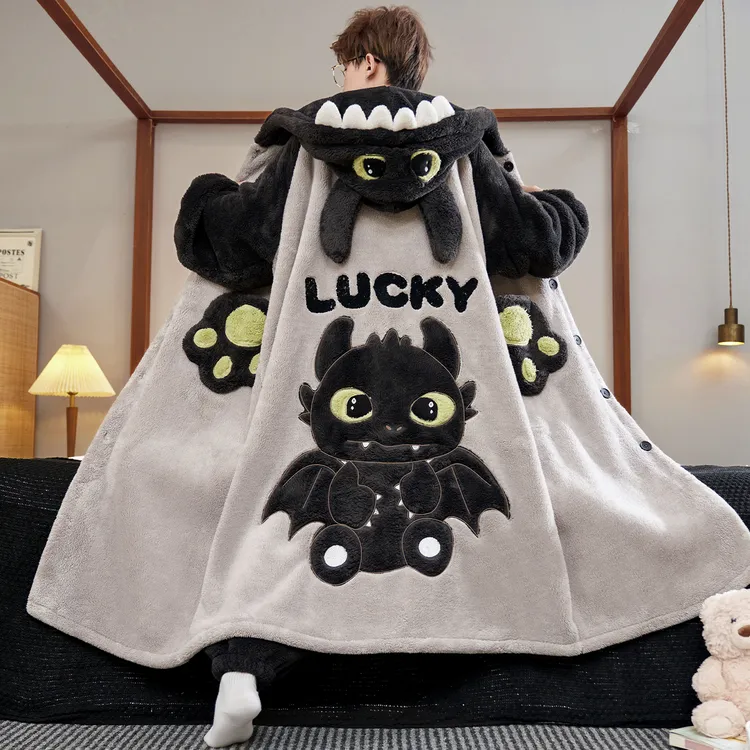 珊瑚绒睡衣男秋冬季加厚加绒保暖卡通睡浴袍长款男生无牙仔睡衣