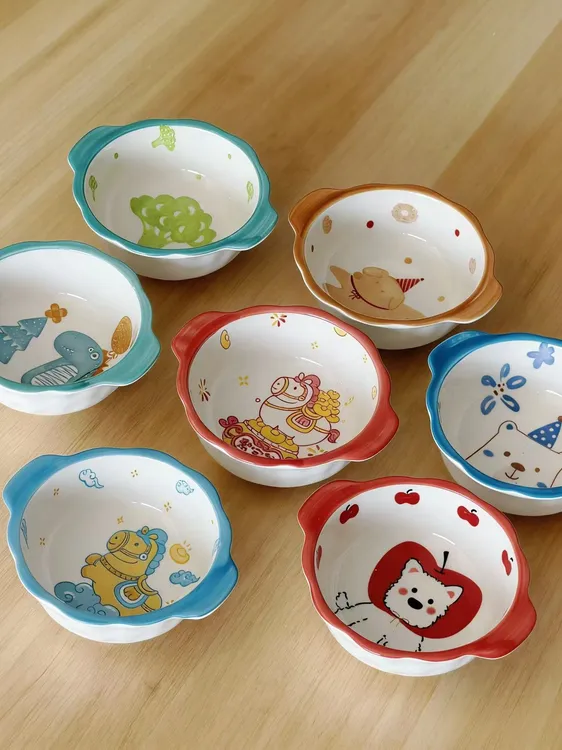 厨房调味碟卡通双耳石纹味碟家用醋碟双耳个性蘸料碟调料碗釉下彩