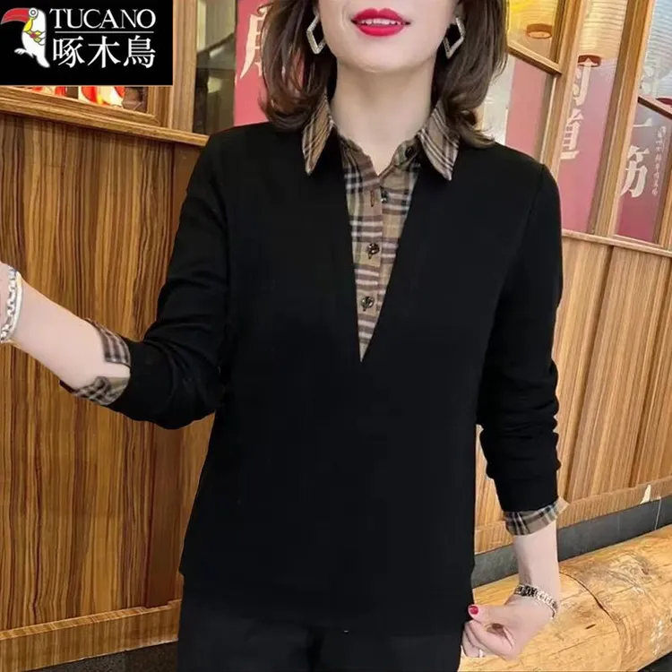 啄木鸟假两件设计感翻领衬衫女春秋2025新款拼接格子百搭长袖上衣