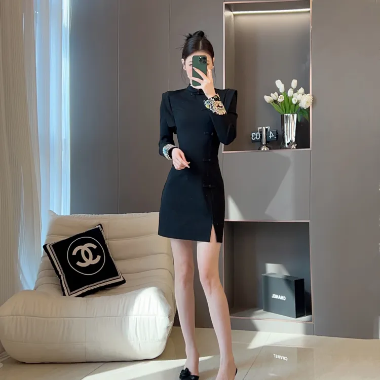 TANS【景星凤凰】新中式国风黑色连衣裙早春设计收腰气质短裙