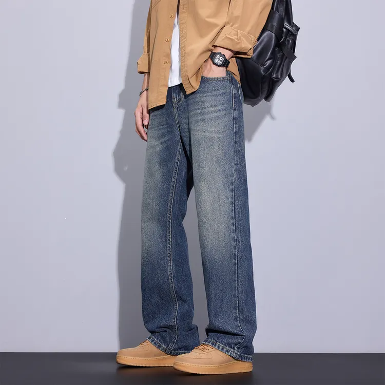 Kuvine秋季复古水洗微喇叭牛仔裤男士宽松直筒潮流百搭耐磨男裤子
