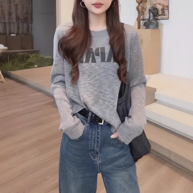 秋季新款圆领宽松字母印花套头针织衫女韩版显瘦休闲长袖毛衣上衣
