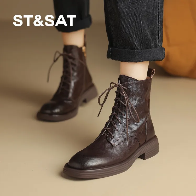 St&Sat/星期六英伦复古系带加绒马丁靴女秋季新款气质圆头短筒靴