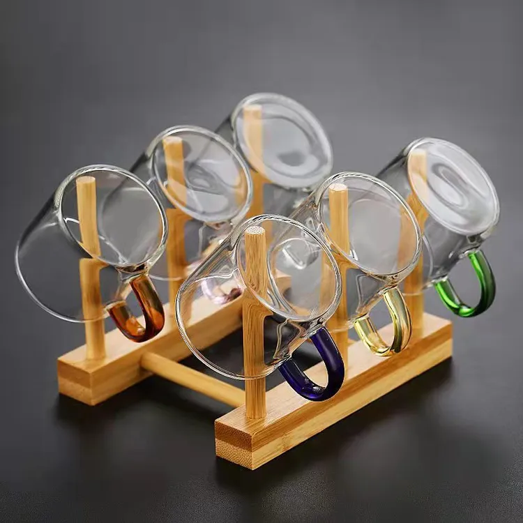 《6只把杯+杯架》六色茶杯把杯带杯架高硼硅玻璃把杯茶道喝水杯