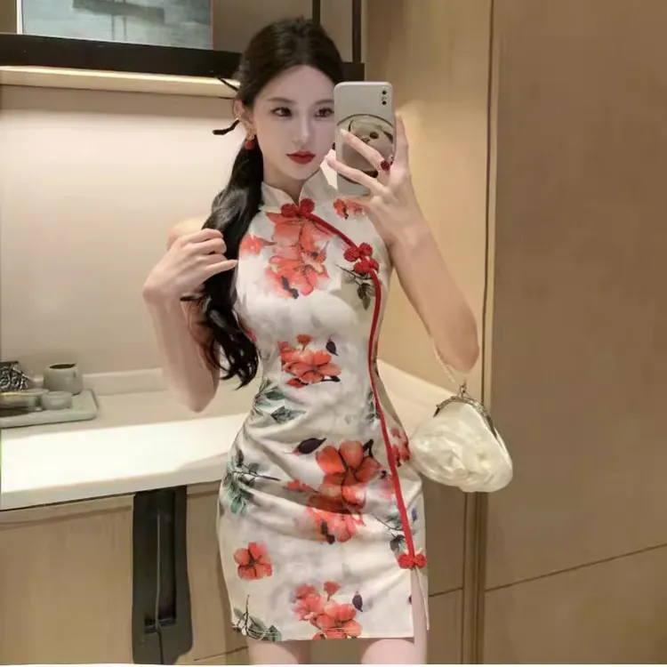 新中式印花挂脖无袖改良旗袍连衣裙夏性感包臀开叉短款裙子