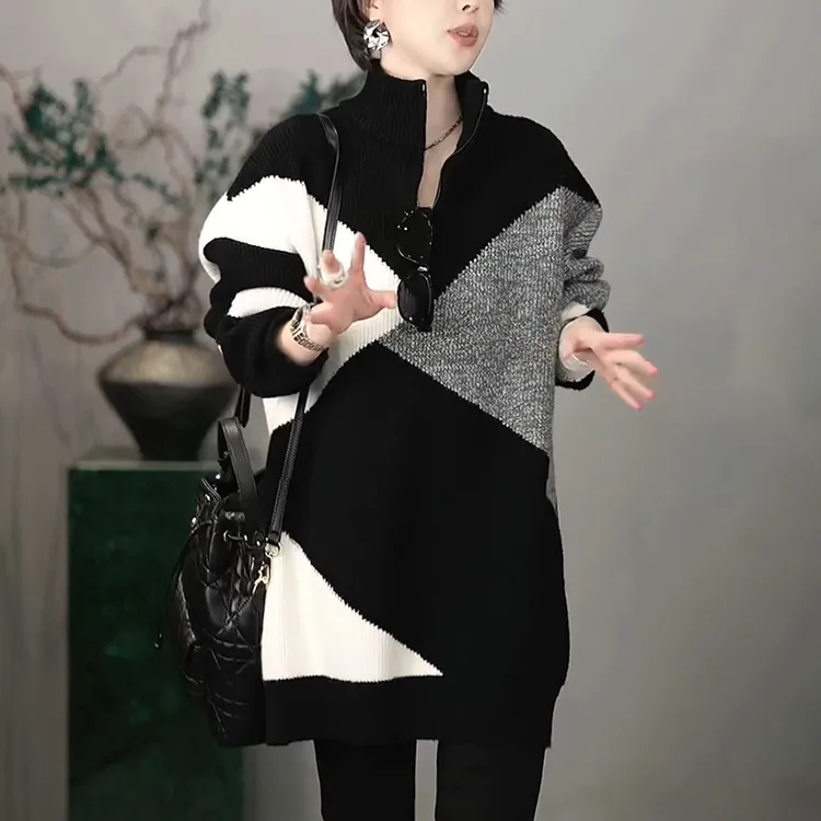 高领半拉链毛衣女士秋冬新款高级感宽松显瘦中长款内搭针织衫上衣
