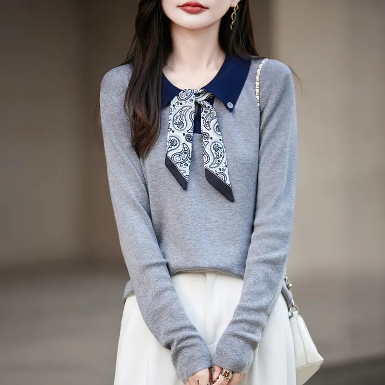 品牌撤柜正品商务风围巾领复古长袖针织衫千金风洋气内搭羊毛衫女