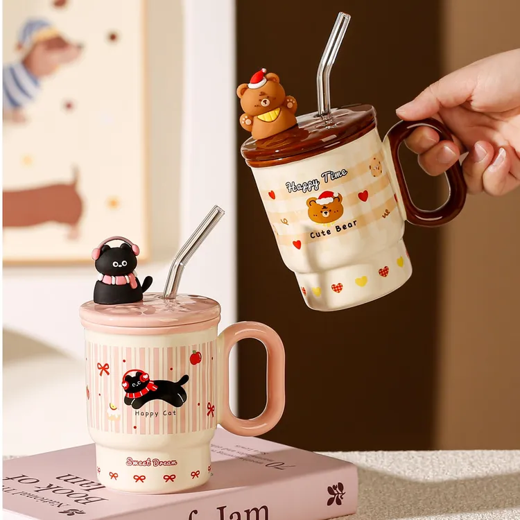 卡通可爱插画大容量吸管陶瓷杯子带盖情侣马克杯办公室咖啡牛奶杯