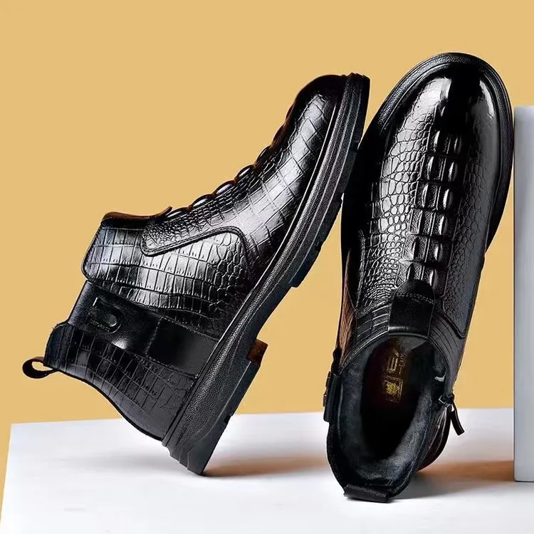 2025爆款男士冬季鳄鱼纹牛皮高帮棉鞋商务休闲皮鞋保暖男鞋U
