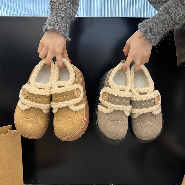 加绒加厚防滑保暖厚底雪地棉鞋女冬外穿2025新款增高复古勃肯鞋子