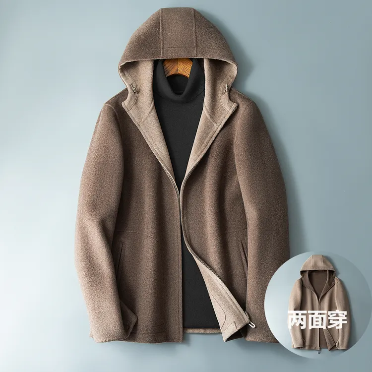 梵基弗奈两面穿纯羊毛双面呢连帽男毛呢大衣短款秋冬撞色加厚外套