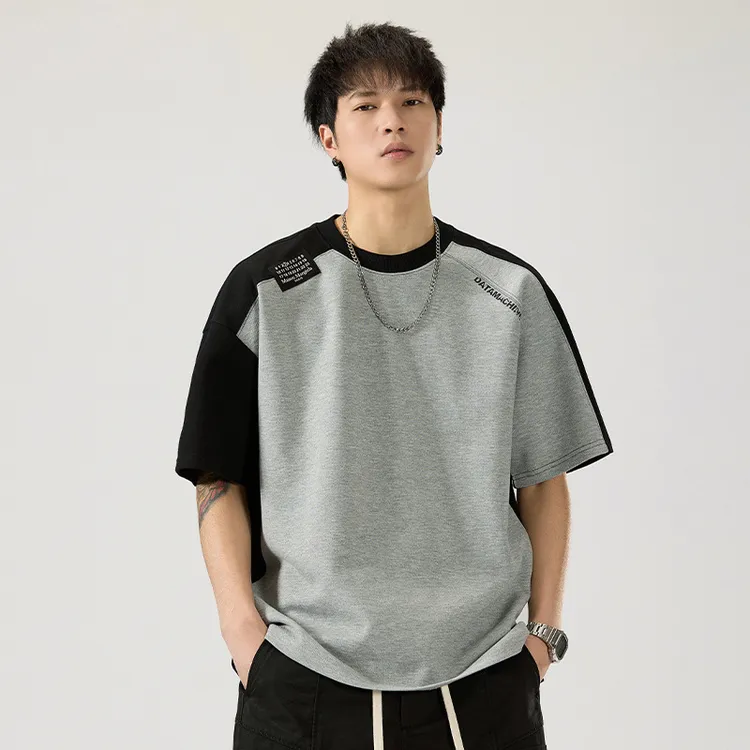 新款重磅拼色插肩袖圆领短袖t恤男宽松大码男士痞帅休闲半袖体恤