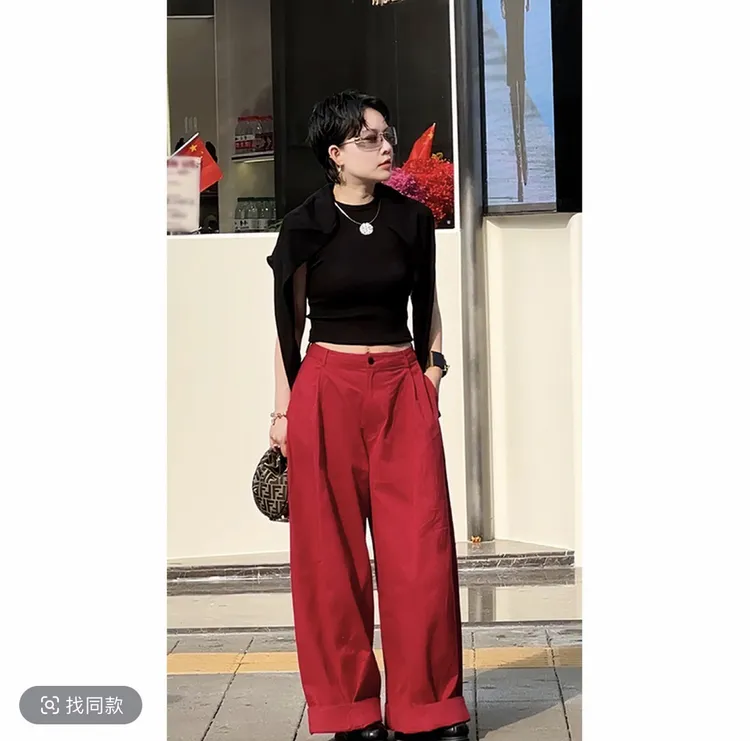 JING2025秋冬新款3883高腰直筒裤宽松百搭阔腿裤垂感休闲女裤105