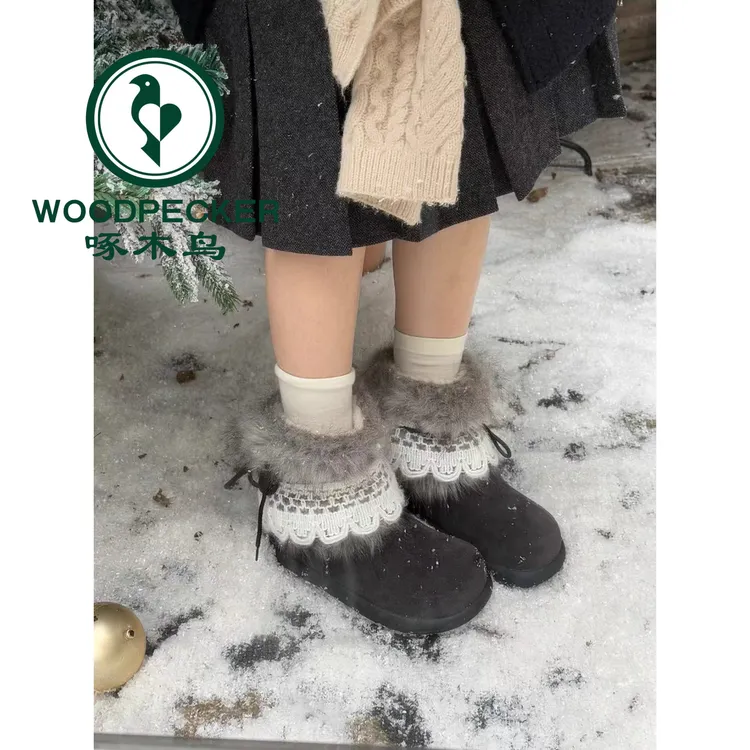 啄木鸟千禧风毛毛雪地靴2025秋冬新款加绒内增高保暖东北棉鞋短靴