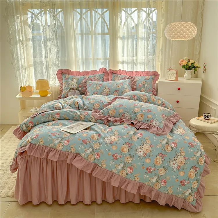 新款100棉133*72棉小清新床裙花边床上用品四件套W
