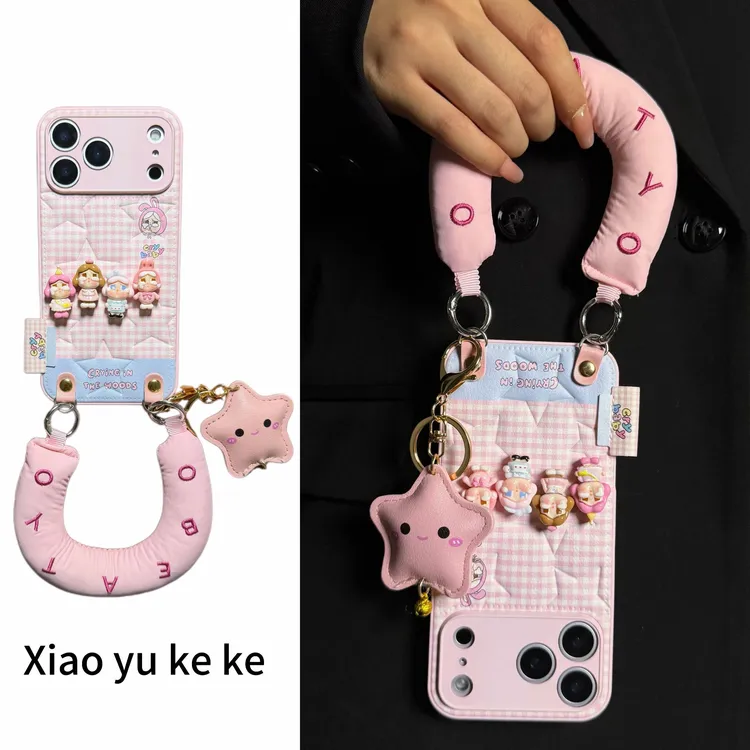 卡通星星皮纹粉格哭娃公仔适用iPhone17promax手机壳苹果16pro新