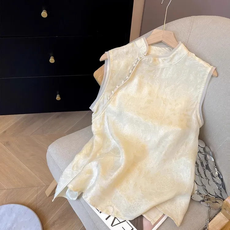 6799新中式国风提花亮丝斜襟马夹夏季新款高级感盘扣上衣马甲