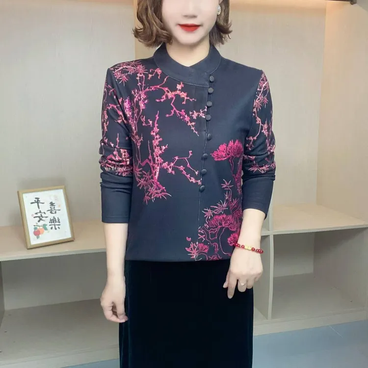 2025秋冬新中式印花亲肤保暖小衫气质优雅百搭妈妈装h669