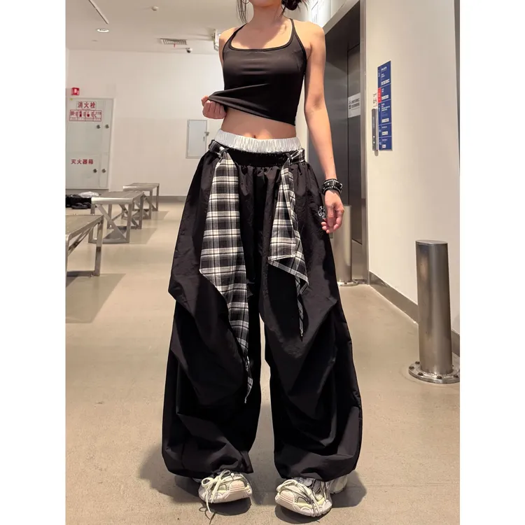 2025新款格子腰搭叠穿阔腿休闲裤女爵士舞弯刀裤设计感美式复古