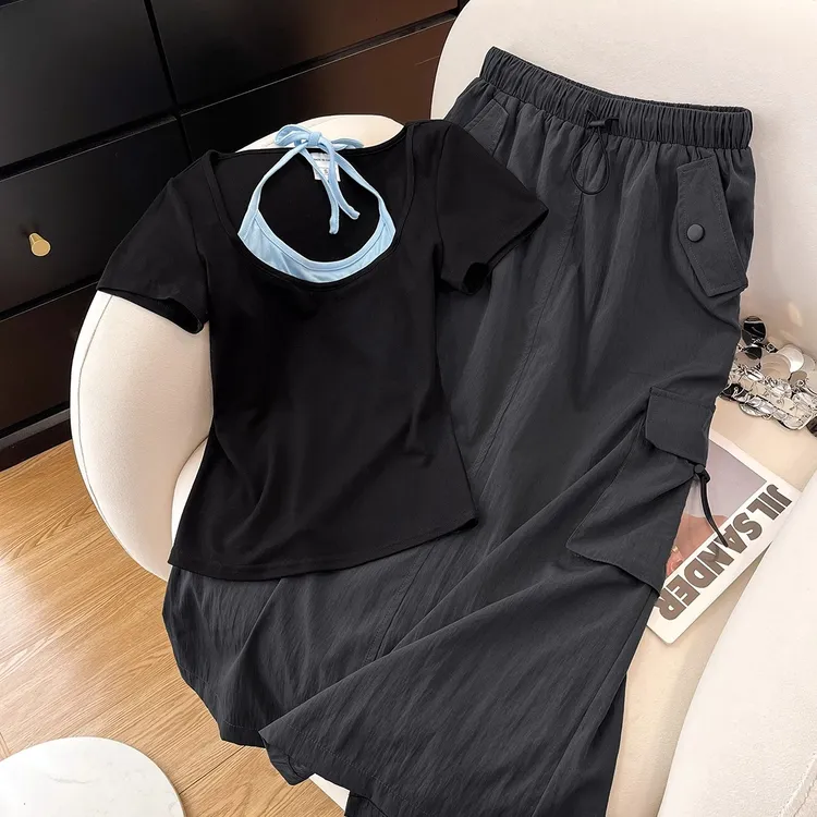 夏季新款爆款辣妹气质百搭穿搭风格挂脖款假两件修身上衣女灰色