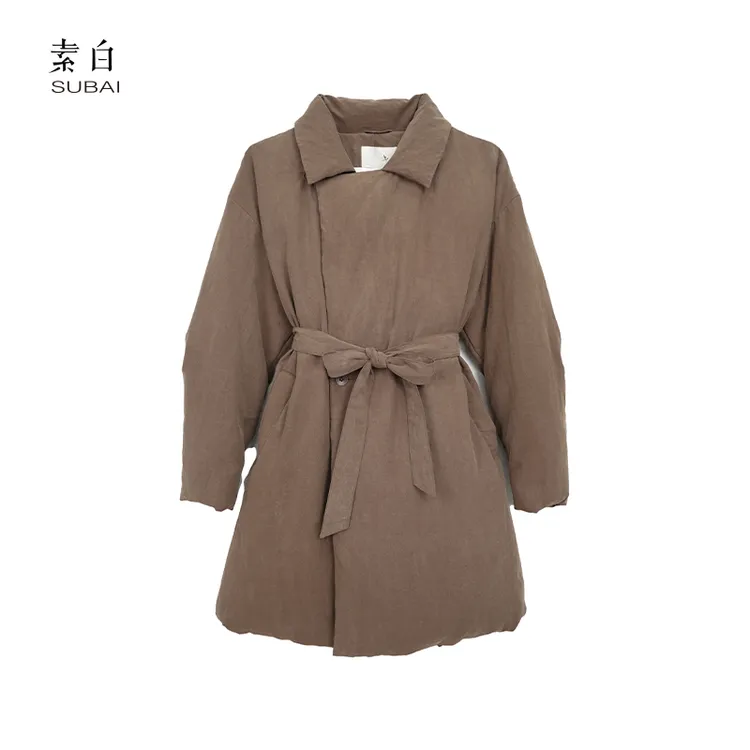 素白冬季简约【云柔】R02078纯色中长款系带收腰气质保暖鹅绒服