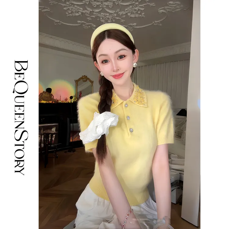 余潇潇【午后暖阳】时尚减龄亮片钻饰翻领短袖POLO领山羊绒羊毛衫