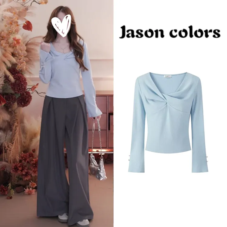 蓝色纽结正肩长袖t恤女设计感小众修身上衣C6310