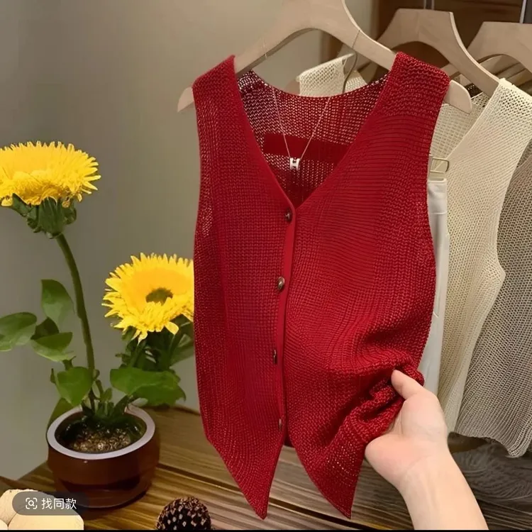 1小香风冰丝糖果色背心显瘦设计感少女风复古通勤外搭针织衫
