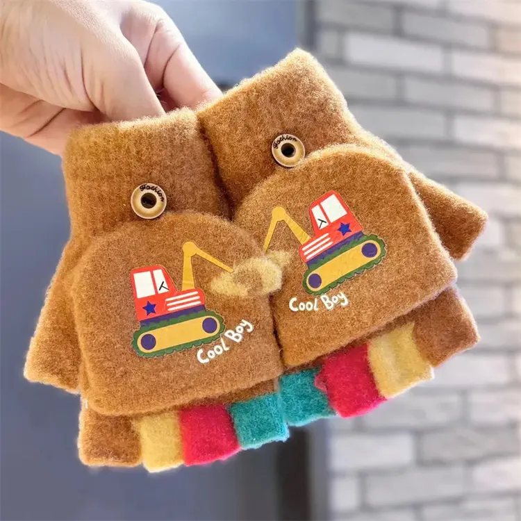 可爱挖掘机半指翻盖两用写字针织毛线儿童手套秋冬保暖小男孩卡通
