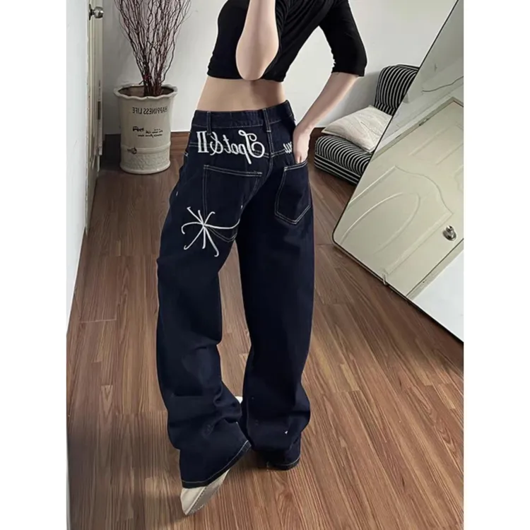 美式复古vibe字母刺绣牛仔裤子女冬季设计感低腰宽松阔腿拖地长裤