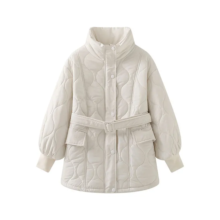 时尚休闲百搭复古菱格纯色女冬季宽松加厚上衣棉服外套