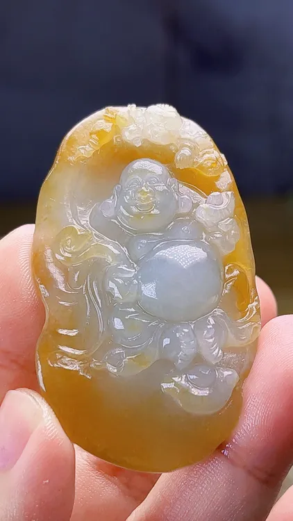 天然缅甸翡翠冰黄翡弥勒佛毛货买断需抛光尺寸高56-33-12.5