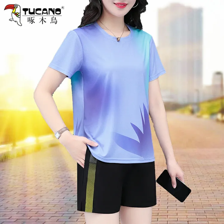 啄木鸟夏季运动套装女宽松时尚女士冰丝薄款短袖短裤健身服两件套