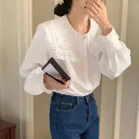 甜美高品质翻领镂空刺绣衬衫春新款休闲娃娃领百搭长袖上衣女1635
