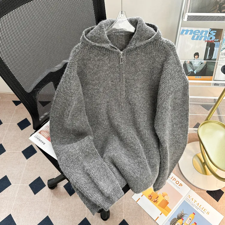 灰色针织连帽卫衣男秋冬慵懒风半拉链cleanfit毛衣高级感套头外套