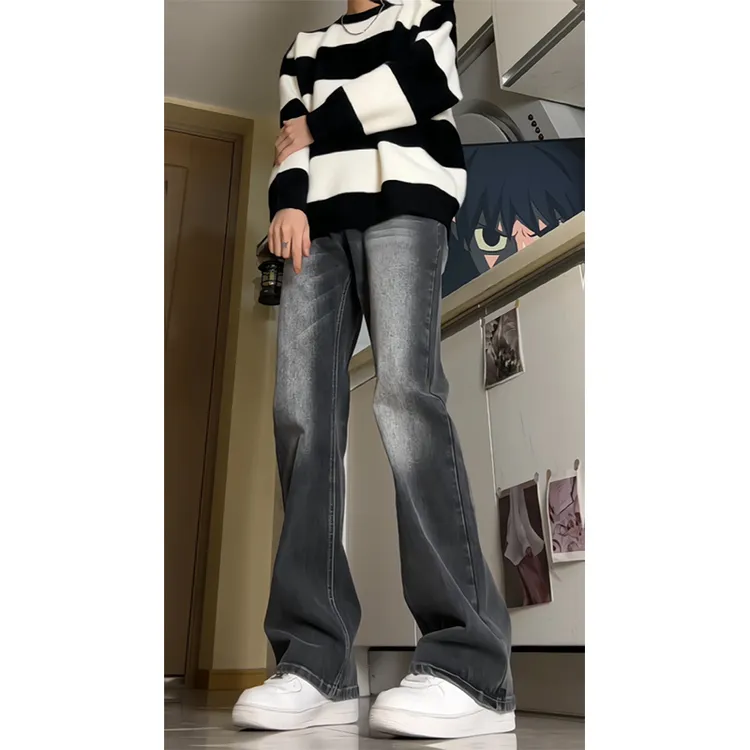 黑灰色弹力微喇牛仔裤男秋季cleanfit美式复古裤子街头潮流休闲裤