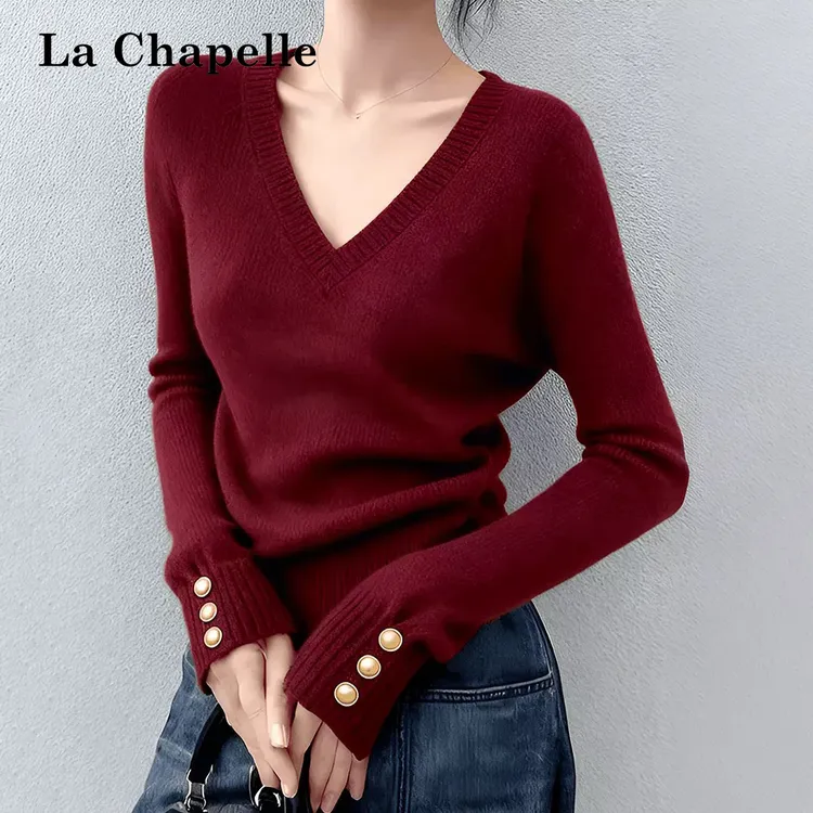 拉夏贝尔高级感V领长袖针织衫女早春款打底红色气质通勤显瘦毛衣