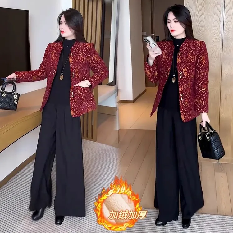 加绒加厚新中式外套女2025冬季新款时髦洋气减龄提花高级保暖上衣