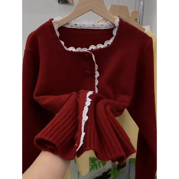 十三行韩版甜美软糯蕾丝花边针织衫2025冬季新款洋气开衫外套上衣