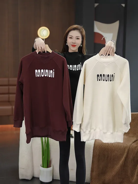 圆领印花插肩袖加绒加厚字母卫衣加绒连帽秋冬冬季长袖百搭宽松