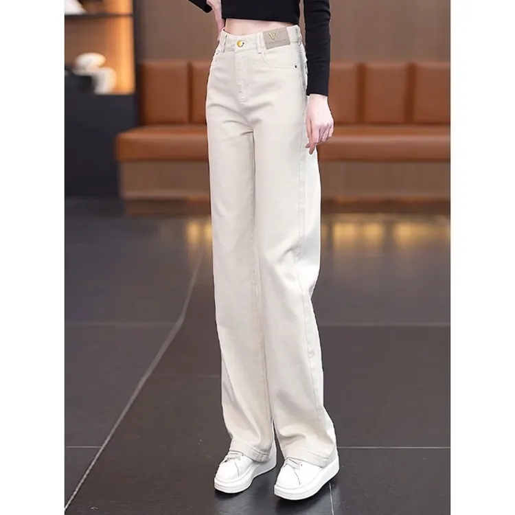雅鹿米白色直筒牛仔裤女2025新款春秋加绒保暖舒适宽松窄版阔腿裤